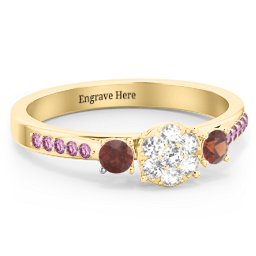 Trinity Cluster Ring with Birthstones and Accents in 18K Gold Plated Silver with White Premium Zirconia, Garnet, and Red Premium Zirconia
