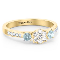 Trinity Cluster Ring with Birthstones and Accents in 18K Gold Plated Silver with White Premium Zirconia, Aquamarine, and Fancy Blue Premium Zirconia