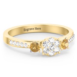Trinity Cluster Ring with Birthstones and Accents in 18K Gold Plated Silver with White Premium Zirconia and Citrine