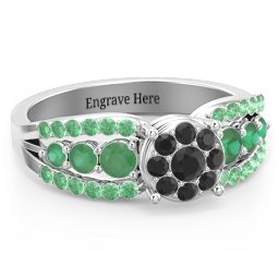 Andromeda Round Cluster Ring in 925 Sterling Silver with Black Premium Zirconia, Emerald, and Green Premium Zirconia