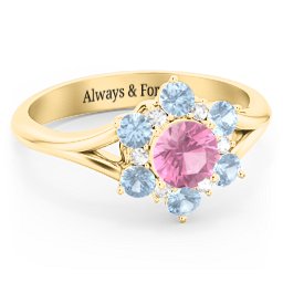 Aurora Round Cluster Ring with Birthstones in 10K Solid Yellow Gold with Pink Tourmaline, Blue Topaz, and White Premium Zirconia