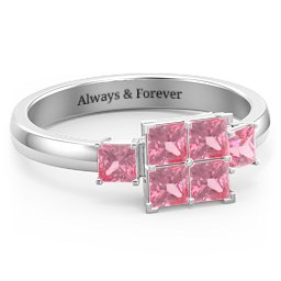 Diana Princess Cut Cluster Ring with Birthstones in 925 Sterling Silver with Pink Tourmaline