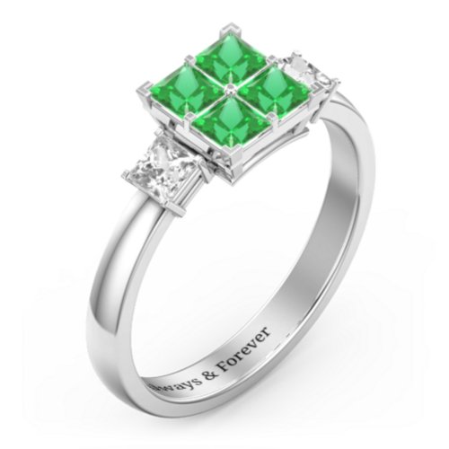 Diana Princess Cut Cluster Ring with Birthstones – Sterling Silver with Emerald and Cubic Zirconia