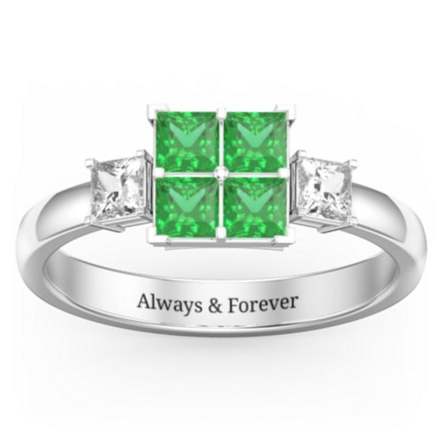 Diana Princess Cut Cluster Ring with Birthstones – Sterling Silver with Emerald and Cubic Zirconia