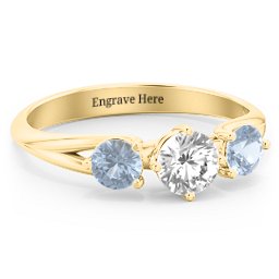 Orion’s Belt Three Stone Round Brilliant Cut Ring in 14K Solid Yellow Gold with Cubic Zirconia and Aquamarine