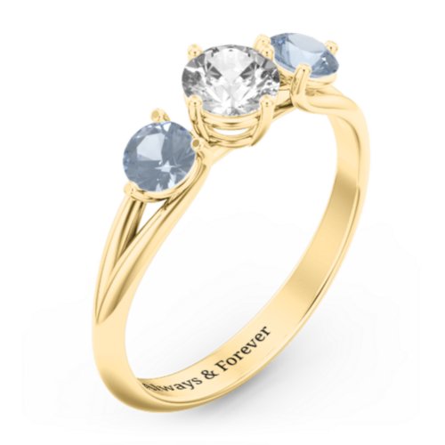 Orion’s Belt Three Stone Round Brilliant Cut Ring – 14K Yellow Gold with Cubic Zirconia and Aquamarine