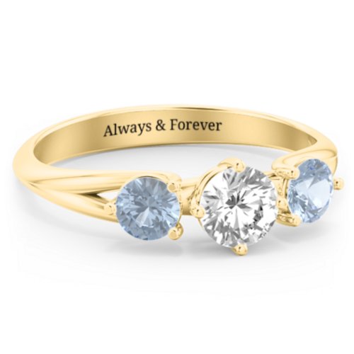 Orion’s Belt Three Stone Round Brilliant Cut Ring – 14K Yellow Gold with Cubic Zirconia and Aquamarine