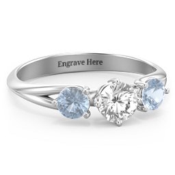 Orion’s Belt Three Stone Round Brilliant Cut Ring in 10K Solid White Gold with Cubic Zirconia and Aquamarine