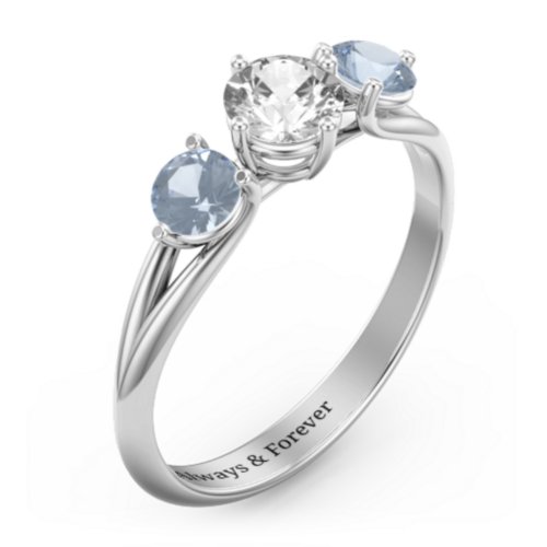 Orion’s Belt Three Stone Round Brilliant Cut Ring – 10K White Gold with Cubic Zirconia and Aquamarine