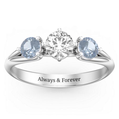 Orion’s Belt Three Stone Round Brilliant Cut Ring – 10K White Gold with Cubic Zirconia and Aquamarine