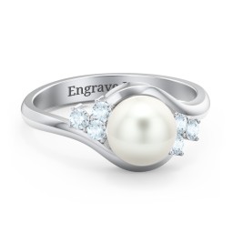7mm Freshwater Pearl Wave Ring with Accents in 925 Sterling Silver with Freshwater Pearl and Aquamarine