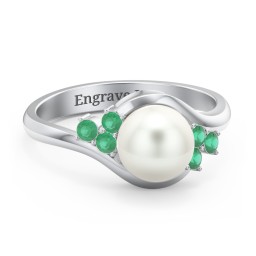 7mm Freshwater Pearl Wave Ring with Accents in 925 Sterling Silver with Emerald and Freshwater Pearl