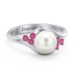 7mm Freshwater Pearl Wave Ring with Accents in 925 Sterling Silver with Ruby and Freshwater Pearl