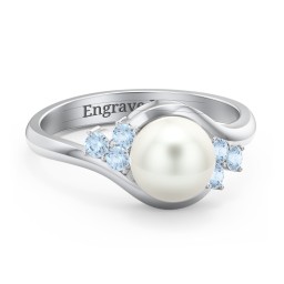 7mm Freshwater Pearl Wave Ring with Accents in 925 Sterling Silver with Freshwater Pearl and Blue Topaz