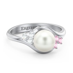 7mm Freshwater Pearl Wave Ring with Accents in 925 Sterling Silver with Pink Tourmaline and Cubic Zirconia