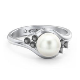 7mm Freshwater Pearl Wave Ring with Accents in 925 Sterling Silver with Freshwater Pearl and Black Premium Zirconia