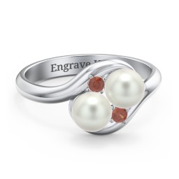 Twin 5mm Freshwater Pearl Ring with Accents in 925 Sterling Silver with Freshwater Pearl and Garnet