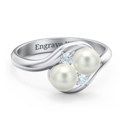 Twin 5mm Freshwater Pearl Ring with Accents in 925 Sterling Silver with Freshwater Pearl and Aquamarine
