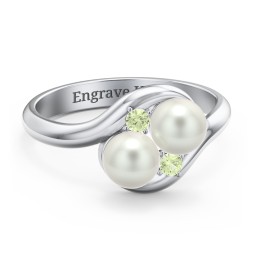 Twin 5mm Freshwater Pearl Ring with Accents in 925 Sterling Silver with Peridot and Freshwater Pearl