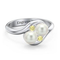 Twin 5mm Freshwater Pearl Ring with Accents in 925 Sterling Silver with Freshwater Pearl and Citrine