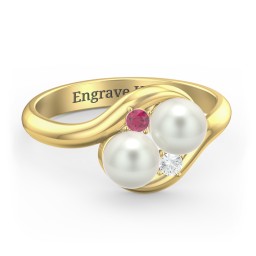 Twin 5mm Freshwater Pearl Ring with Accents in 10K Solid Yellow Gold with Freshwater Pearl, Ruby, and Cubic Zirconia