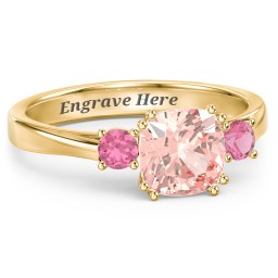 3 Stone Cushion Cut Duchess Ring in 18K Gold Plated Silver with Morganite and Pink Tourmaline