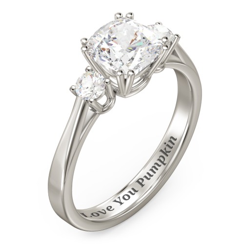 3 Stone Cushion Cut Duchess Ring – 10K White Gold with White Premium Zirconia and Cubic Zirconia