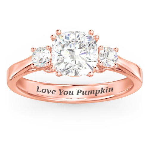 3 Stone Cushion Cut Duchess Ring – 10K Rose Gold with White Premium Zirconia and Cubic Zirconia