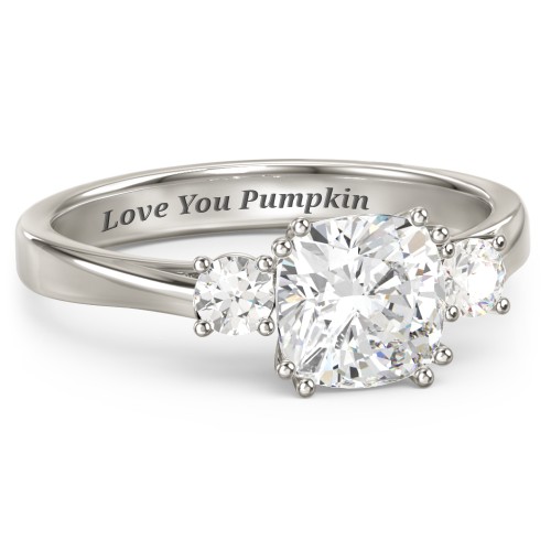 3 Stone Cushion Cut Duchess Ring – 10K White Gold with White Premium Zirconia and Cubic Zirconia