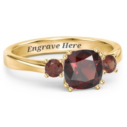 3 Stone Cushion Cut Duchess Ring in 18K Gold Plated Silver with Garnet
