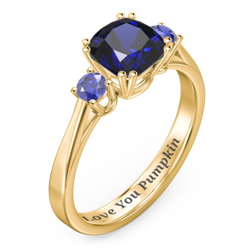 3 Stone Cushion Cut Duchess Ring – 18K Gold Plated Silver with Blue Sapphire