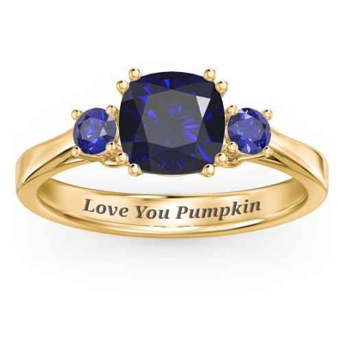 3 Stone Cushion Cut Duchess Ring – 18K Gold Plated Silver with Blue Sapphire
