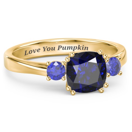 3 Stone Cushion Cut Duchess Ring – 18K Gold Plated Silver with Blue Sapphire