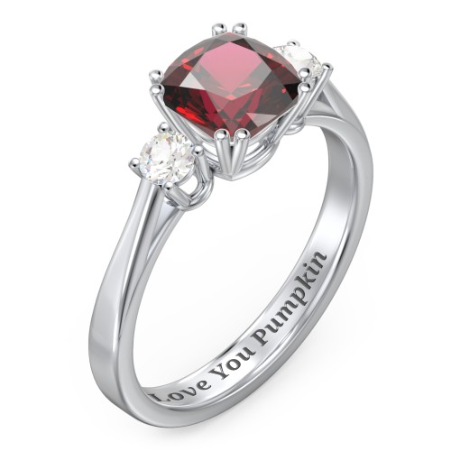 3 Stone Cushion Cut Duchess Ring – Sterling Silver with Red Premium Zirconia and Cubic Zirconia