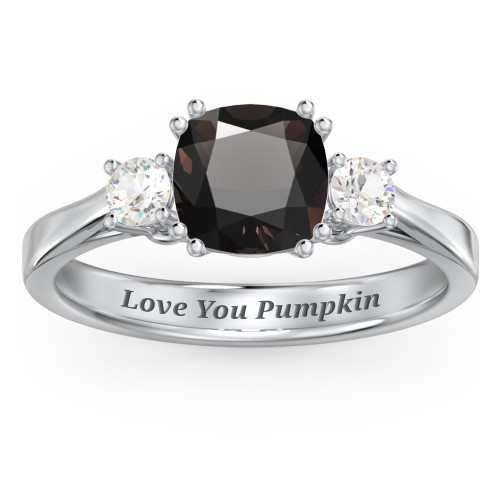 3 Stone Cushion Cut Duchess Ring – Sterling Silver with Smokey Quartz and Cubic Zirconia