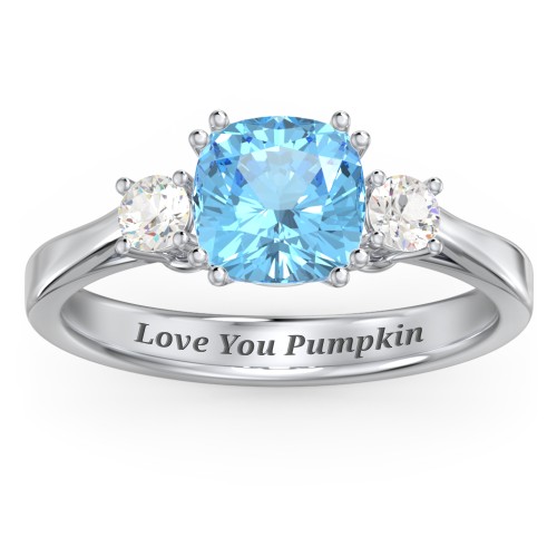 3 Stone Cushion Cut Duchess Ring – Sterling Silver with Blue Topaz and Cubic Zirconia