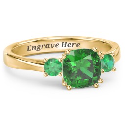 3 Stone Cushion Cut Duchess Ring in 10K Solid Yellow Gold with Green Premium Zirconia and Emerald