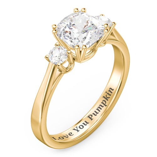 3 Stone Cushion Cut Duchess Ring – 10K Yellow Gold with White Premium Zirconia and Cubic Zirconia
