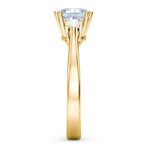 3 Stone Cushion Cut Duchess Ring – 10K Yellow Gold with Aquamarine and Cubic Zirconia