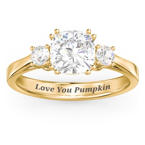 3 Stone Cushion Cut Duchess Ring – 10K Yellow Gold with White Premium Zirconia and Cubic Zirconia