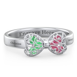 Adorable Bow Cage Ring in 925 Sterling Silver with Emerald and Ruby