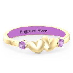 Heart-to-Heart Ring with Accent Stones in 18K Gold Plated Silver with Amethyst