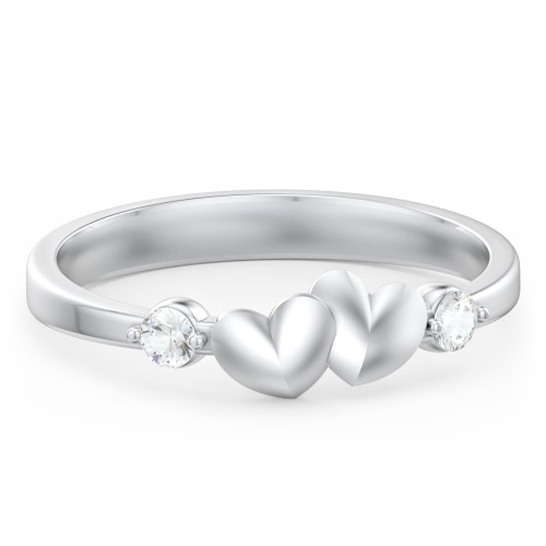 Heart-to-Heart Ring with Accent Stones – 10K White Gold with Cubic Zirconia