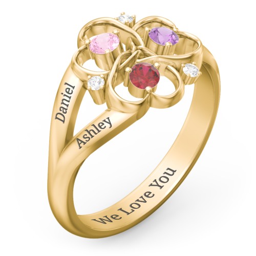 Engravable Intertwined Triple Heart Ring with Gemstones – 10K Yellow Gold with Pink Tourmaline, Garnet, Amethyst, and White Premium Zirconia