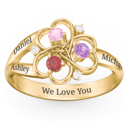 Engravable Intertwined Triple Heart Ring with Gemstones – 10K Yellow Gold with Pink Tourmaline, Garnet, Amethyst, and White Premium Zirconia
