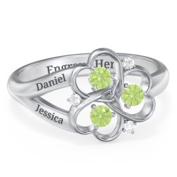 Engravable Intertwined Triple Heart Ring with Gemstones in 925 Sterling Silver with Peridot and White Premium Zirconia