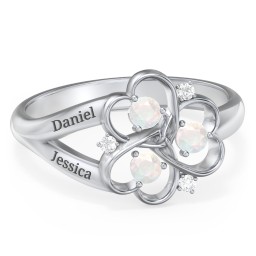 Engravable Intertwined Triple Heart Ring with Gemstones in 925 Sterling Silver with Opal and White Premium Zirconia