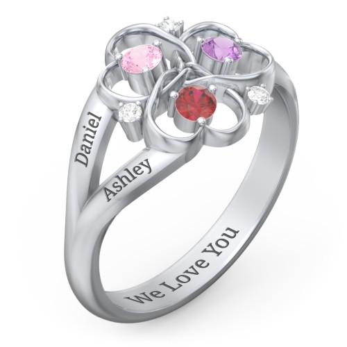 Engravable Intertwined Triple Heart Ring with Gemstones – Sterling Silver with Pink Tourmaline, Garnet, Amethyst, and White Premium Zirconia