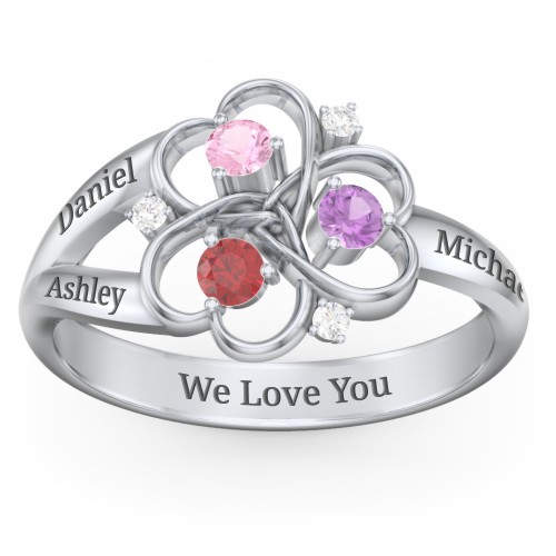 Engravable Intertwined Triple Heart Ring with Gemstones – Sterling Silver with Pink Tourmaline, Garnet, Amethyst, and White Premium Zirconia