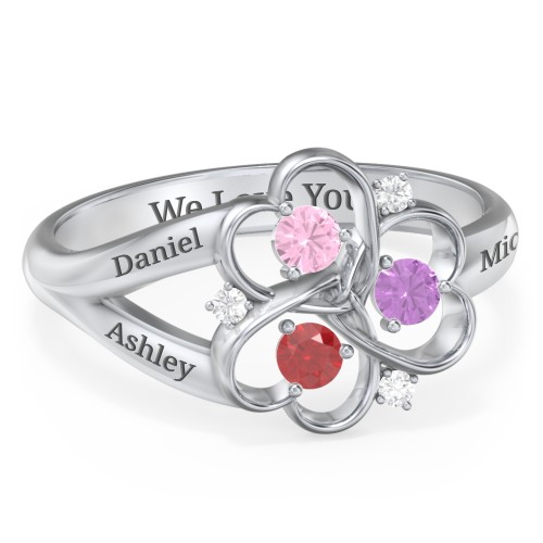 Engravable Intertwined Triple Heart Ring with Gemstones – Sterling Silver with Pink Tourmaline, Garnet, Amethyst, and White Premium Zirconia